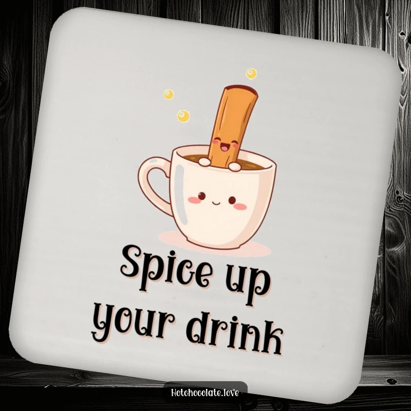 Funny Coaster featuring a delighted cinnamon stick twirling in a mug, protecting surfaces with warm, spiced, humorous style.