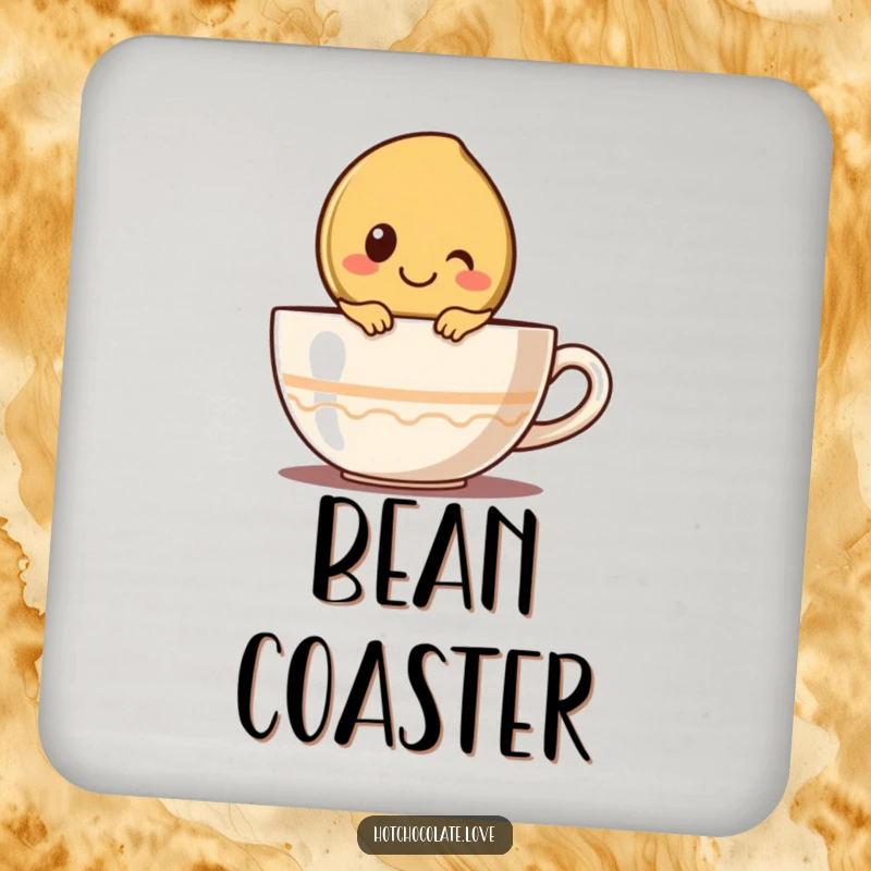 Funny drink coaster with a cute coffee bean character peeking over a cup, protecting surfaces with morning cheer.