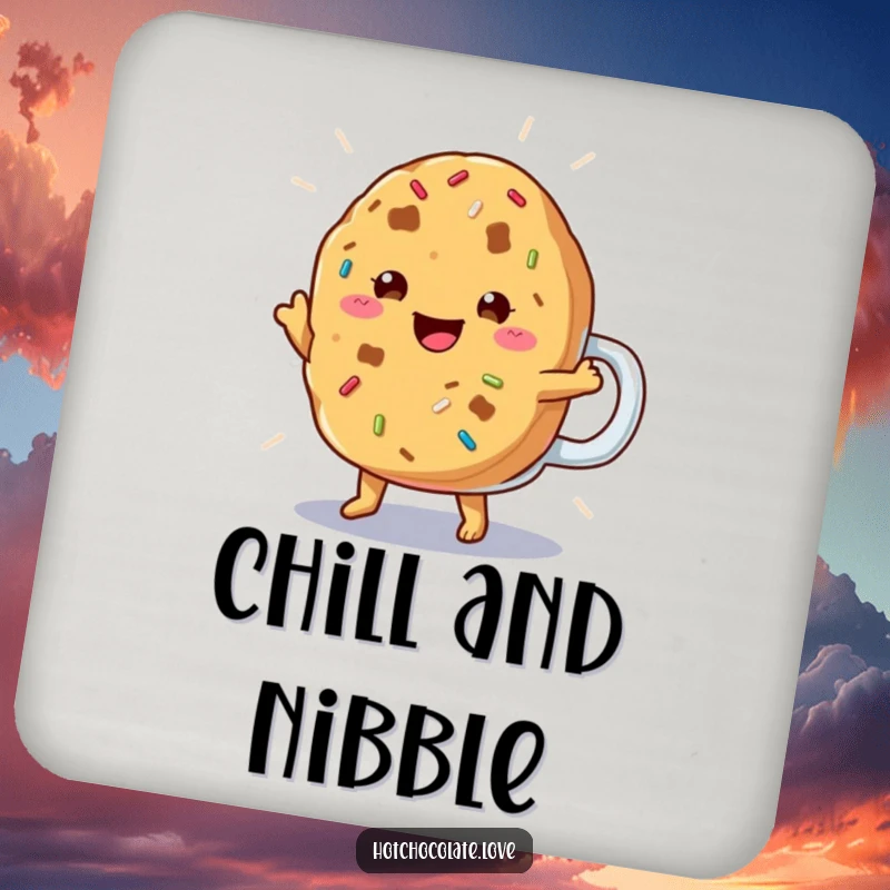 Funny Cookie Coaster featuring a cheerful cookie with sprinkles doing a happy jig, protecting surfaces humorously.