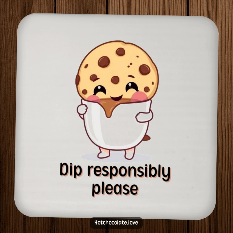 Funny Cookie Coaster: A cheerful chocolate chip cookie dipping into hot chocolate, adding charm and surface protection.