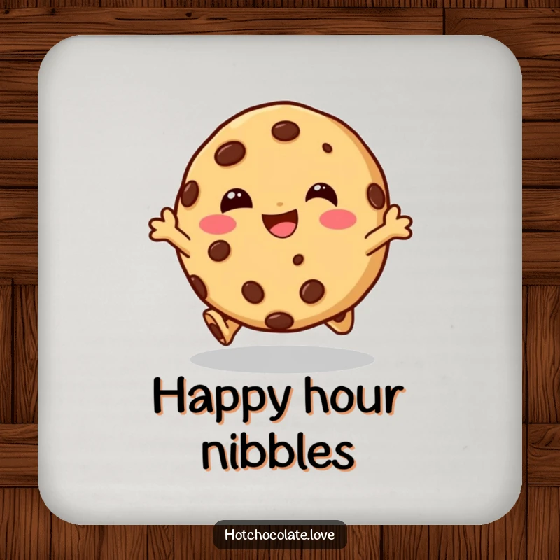 Funny drink coaster featuring a giggling chocolate chip cookie character doing a happy hop, ideal for protecting surfaces with a smile.