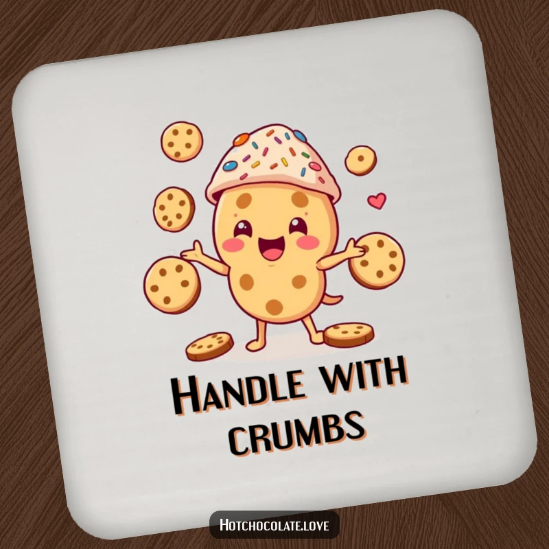 Funny cookie character with a sprinkle hat, juggling cookies, a protective and humorous drink coaster.