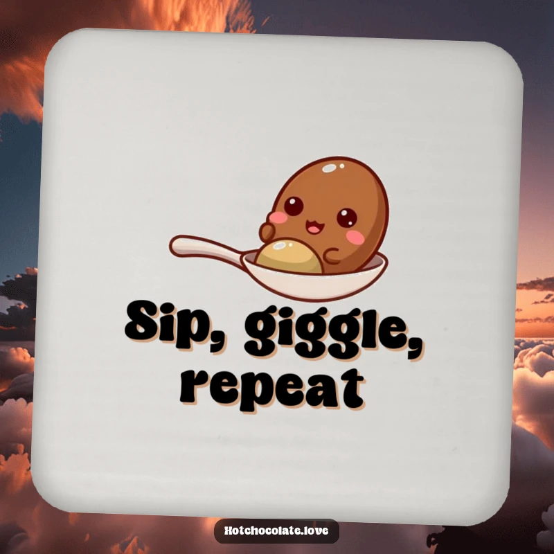 Funny cocoa bean giggling on a small spoon, adding a humorous touch to a functional drink coaster.