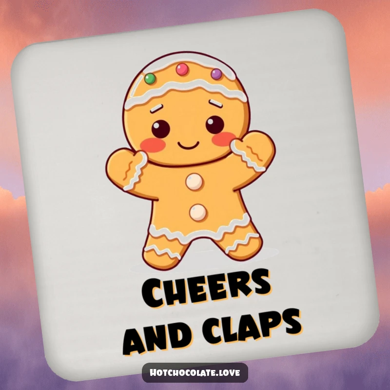 Funny drink coaster featuring a delightful gingerbread cookie with frosted hands clapping.