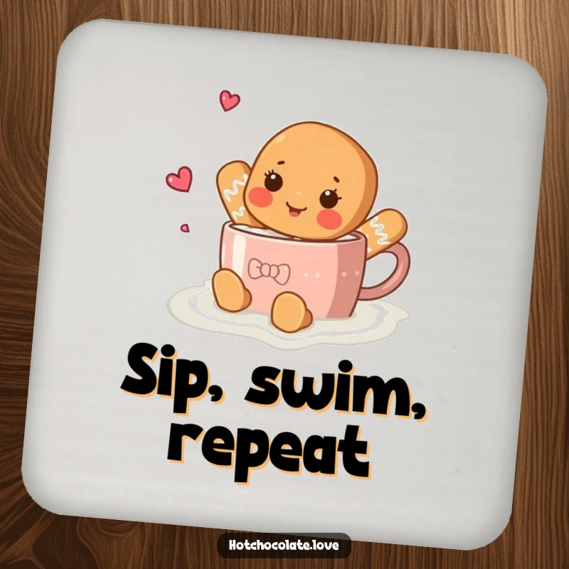Funny gingerbread person swimming in hot chocolate, featured on a set of protective drink coasters.