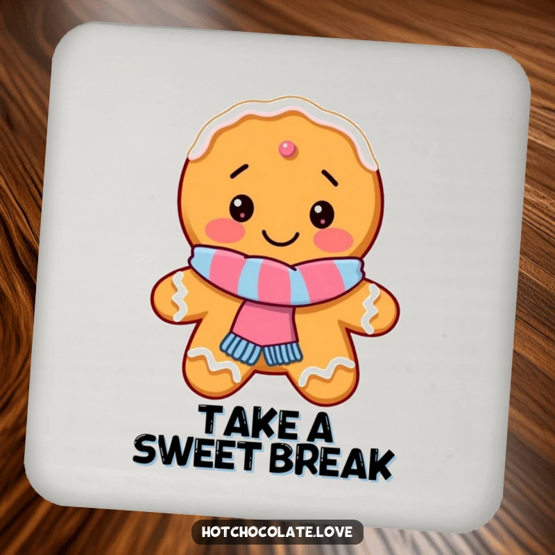 Funny Gingerbread Cookie Drink Coaster featuring a delighted cookie with a scarf, adding festive humor and surface protection.