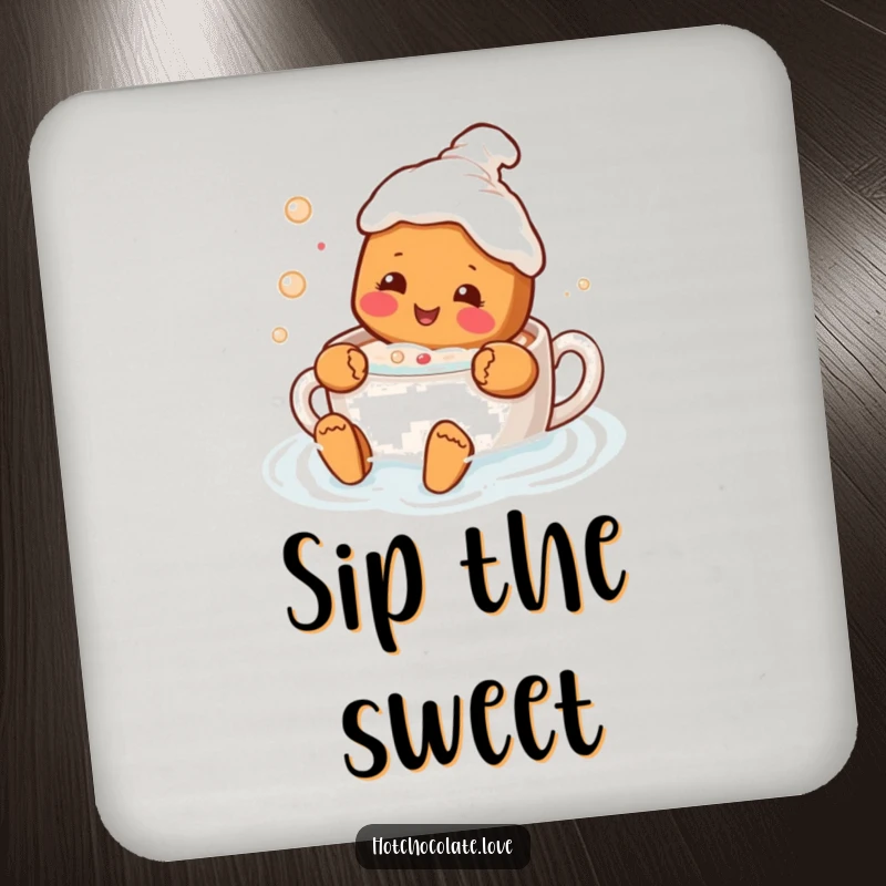 Funny coaster with a delighted gingerbread person swimming in hot chocolate, adding a touch of sweet humor to your table.