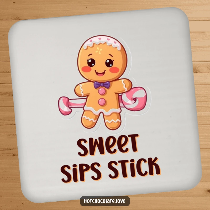 Funny gingerbread man perched on a peppermint stick, printed on a drink coaster.