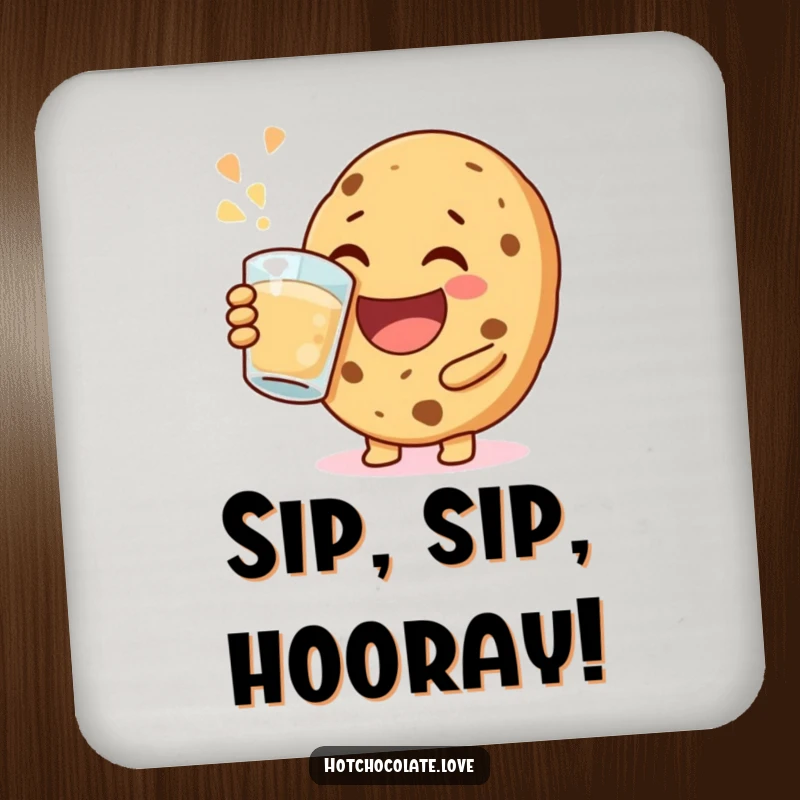 Funny happy cookie coaster, depicted mid-jovial sip, adding cheerful vibes and jovial fun to protect any surface.