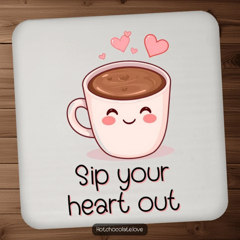 Funny Hot Chocolate Coaster: A smiling anthropomorphic mug of hot chocolate with heart-shaped steam, offering protection with sweet warmth.