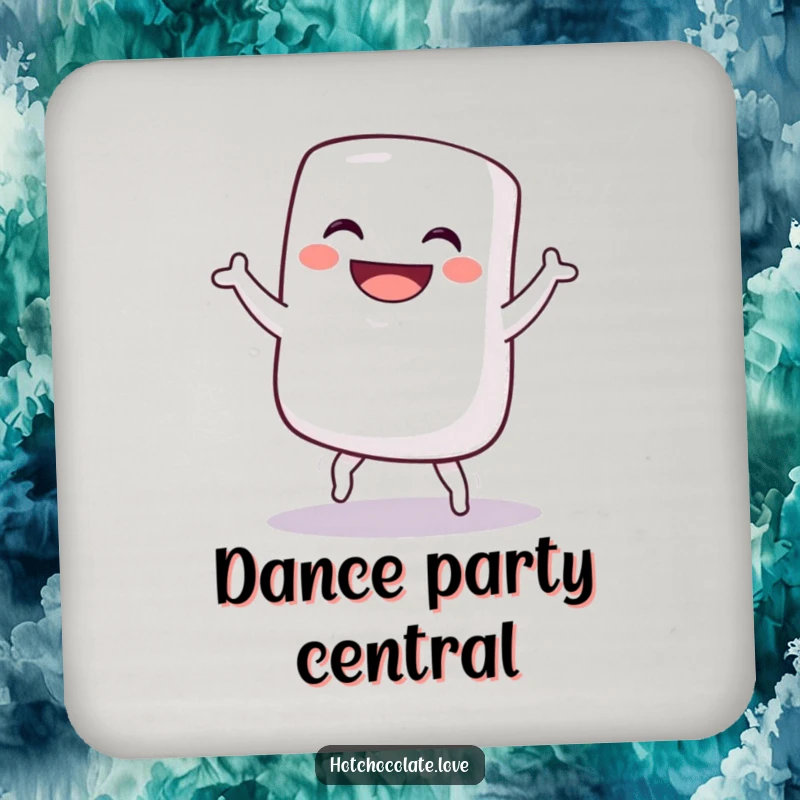 Funny coaster design of a grinning marshmallow doing a silly dance, protecting your surfaces with sweet and humorous charm, funny gift.