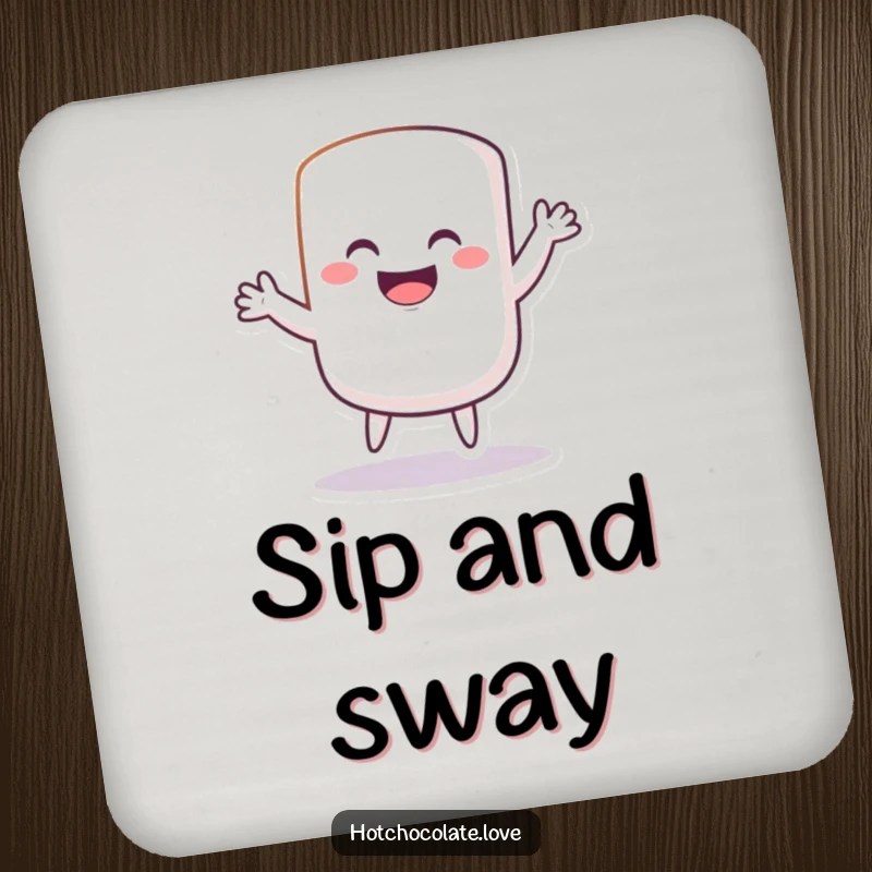 Funny Drink Coasters featuring grinning marshmallows doing silly dances, protecting surfaces with humor and sweetness.