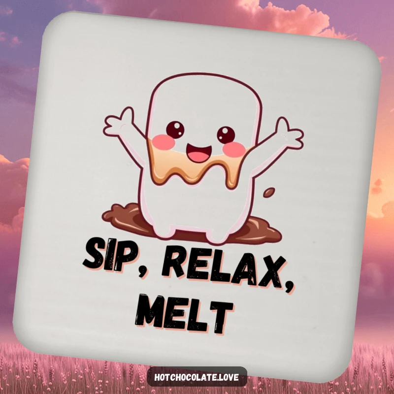 Funny Coaster featuring a cheerful marshmallow with arms out, sinking into chocolate, protecting surfaces with sweet, humorous style.