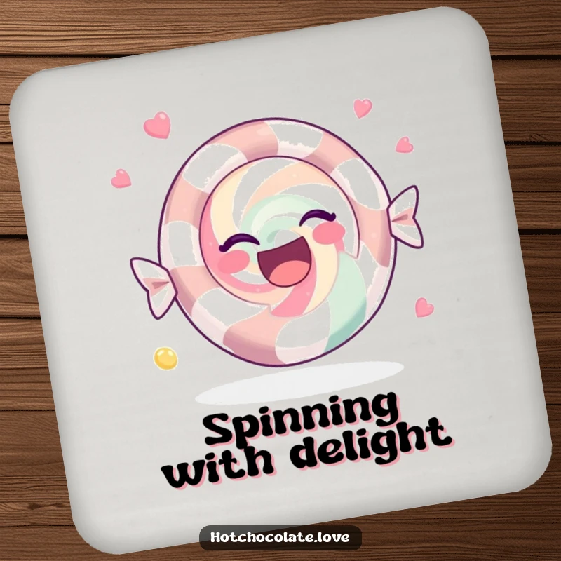 Funny Coaster featuring a joyful peppermint candy spinning, offering surface protection with a festive and sweet design.