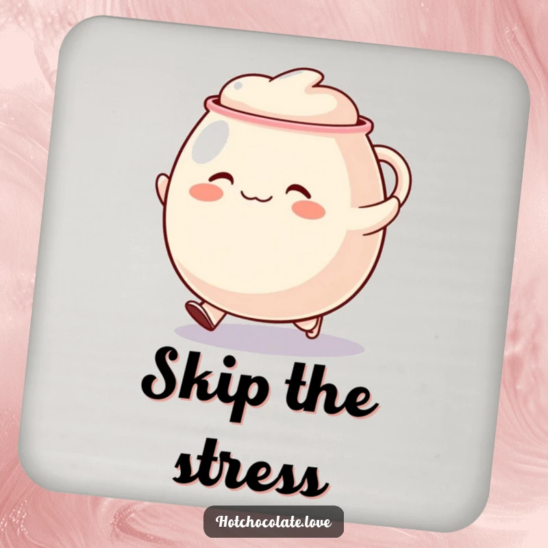 Funny skipping mug coaster, featuring a happy, skipping mug character, adding cheerful protection to surfaces.