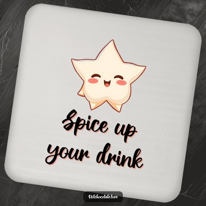 Funny drink coaster featuring a proud star anise floating serenely, providing calm and humorous spice-themed protection for furniture.