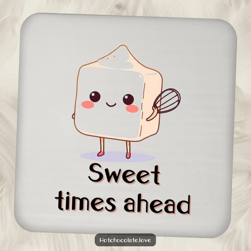 Funny sugar cube balancing a tiny whisk on a functional drink coaster, adding sweet humor.