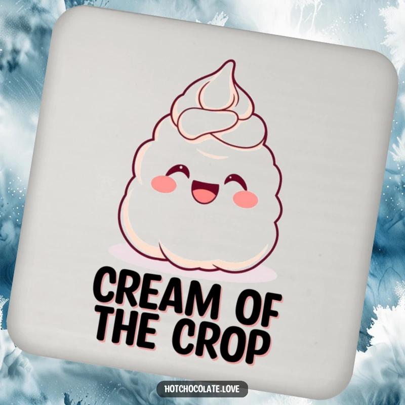 Funny Coaster featuring a gleeful dollop of whipped cream cheering with joy, protecting surfaces with sweet, humorous style.
