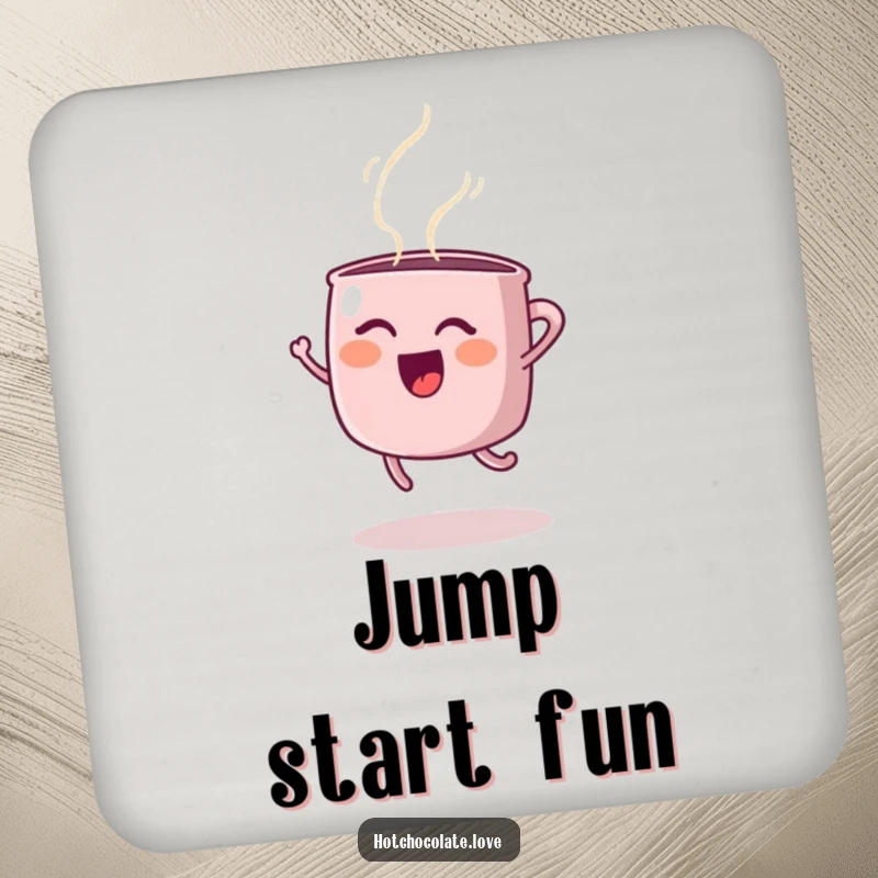 Funny coaster featuring a happy steaming mug in a delightful joyful jump, protecting surfaces with humor, perfect funny gift.