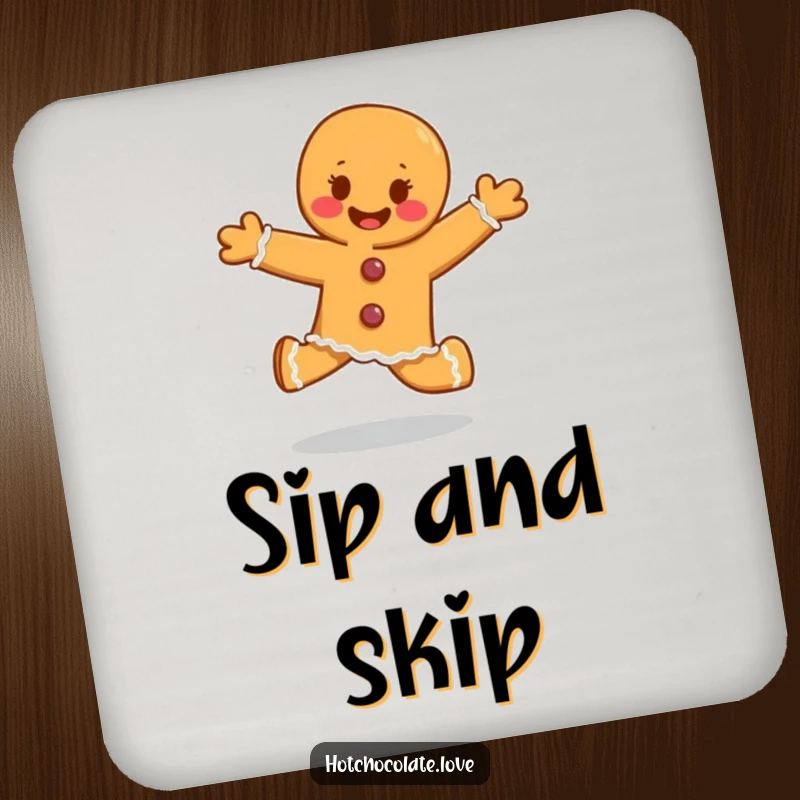 Funny gingerbread person skipping with glee, a protective and humorous drink coaster.