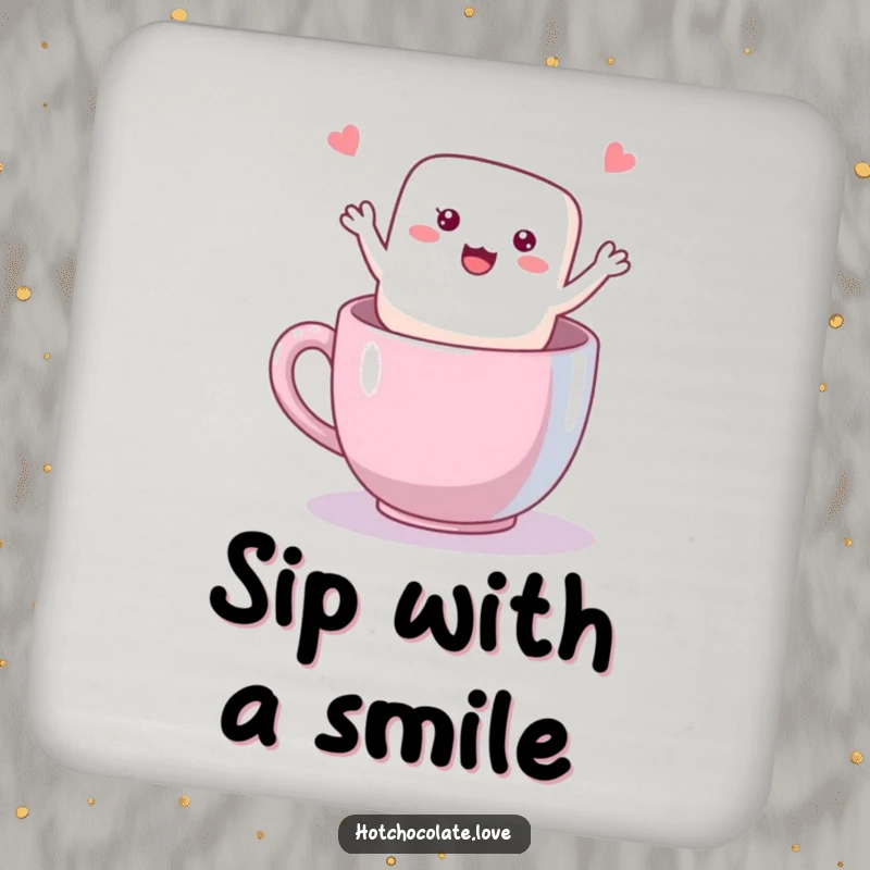 Funny Marshmallow Drink Coaster featuring a happy, waving marshmallow, adding sweetness and surface protection.