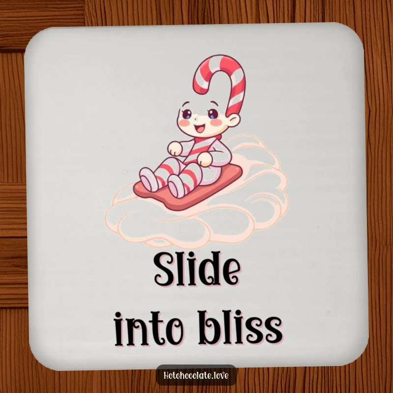 Funny coaster with a smiling candy cane character sliding down whipped cream, adding a touch of holiday humor to your table.