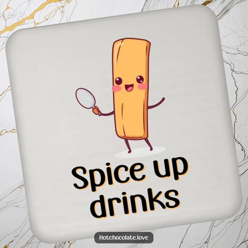 Funny Cinnamon Stick Spoon Coaster: A cheerful cinnamon stick character with a tiny spoon protects your surfaces with style and humor.