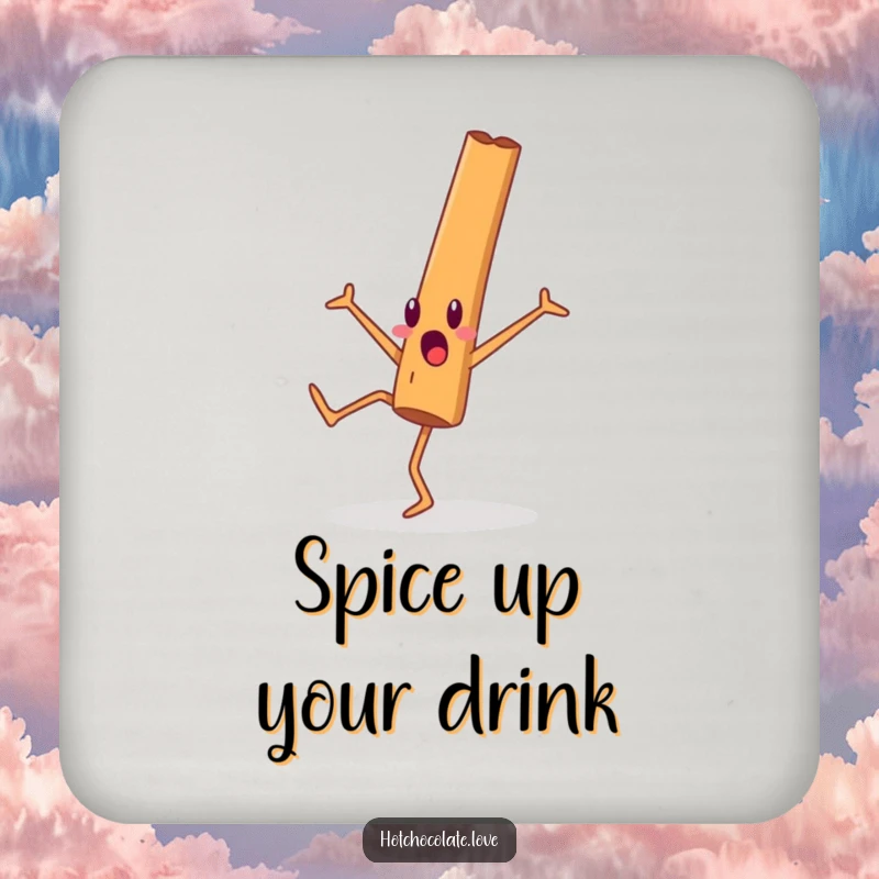 Funny cinnamon stick person doing a cartwheel, featured on a set of protective drink coasters.