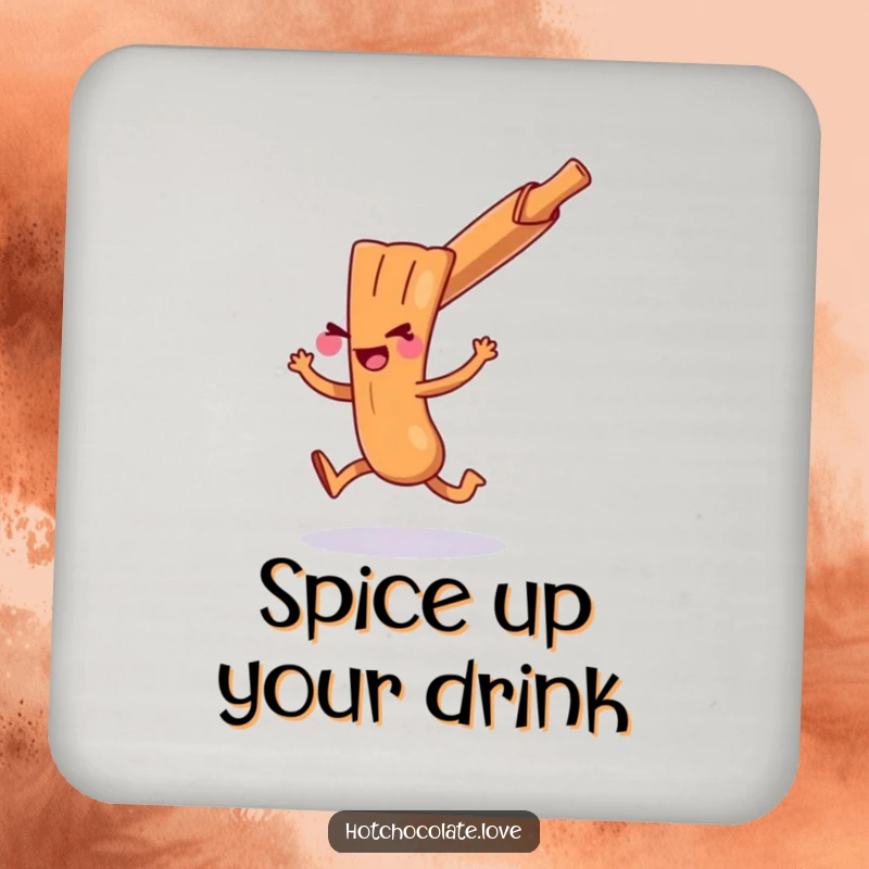 Funny cinnamon stick character doing a mischievous hop, featured on a drink coaster, adding playful zest to tables.