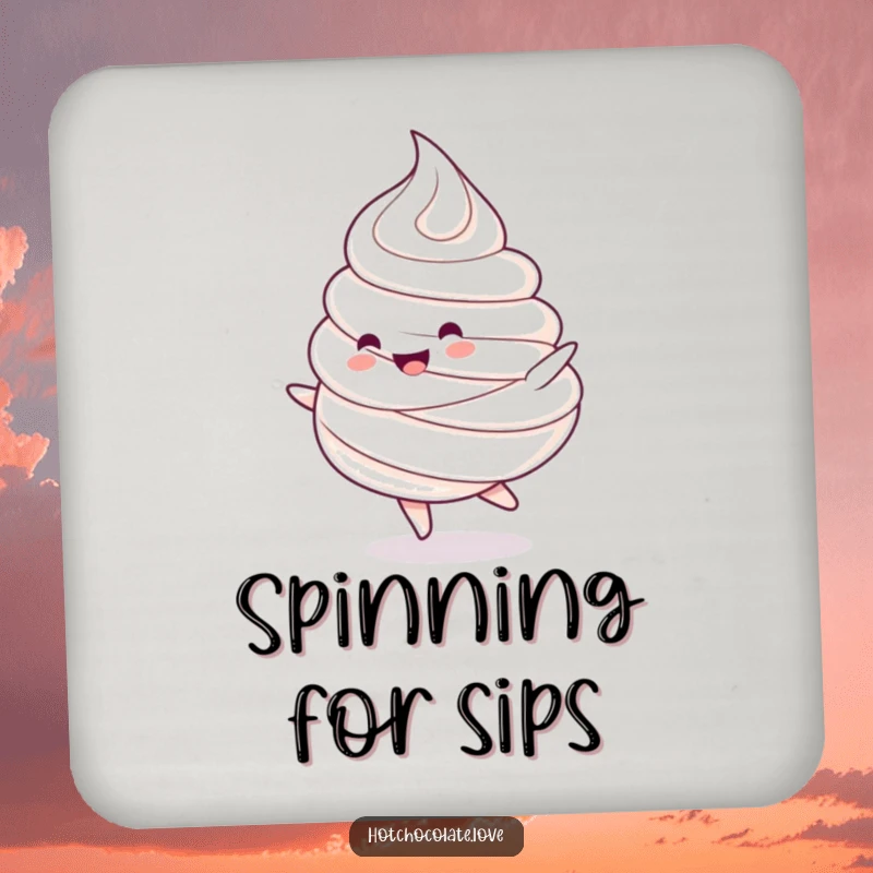 Funny coaster: A charming whipped cream dollop character doing a happy spin. Protects surfaces with sweetness.