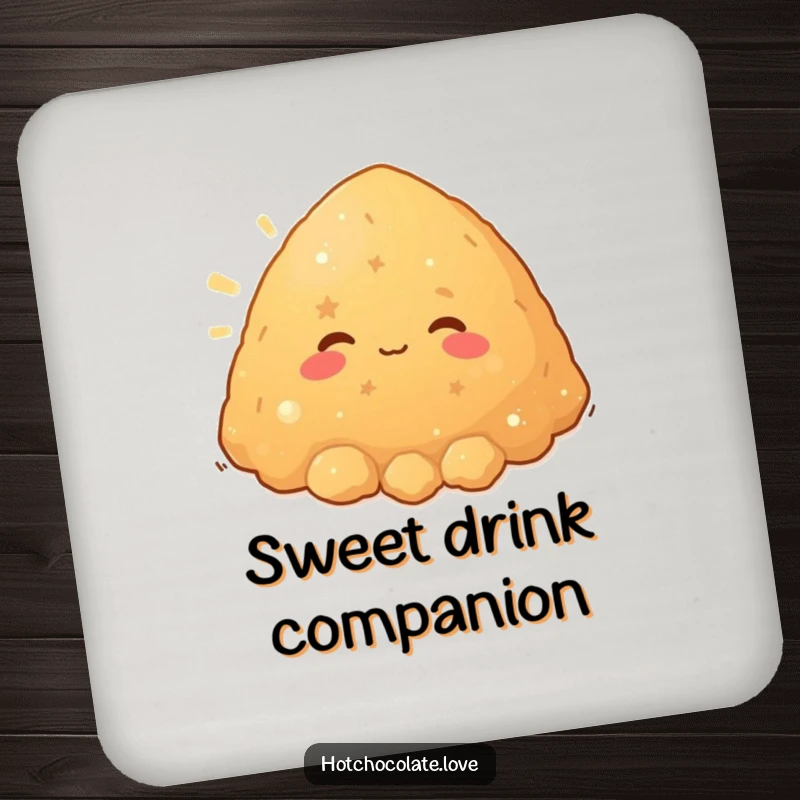 Funny pile of brown sugar character beaming with warmth, featured on a drink coaster, adding cozy sweetness to tables.