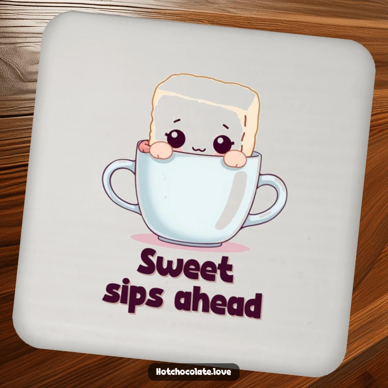 Funny drink coaster featuring a curious sugar cube character peeking over a mug's rim, protecting surfaces with a touch of whimsy.