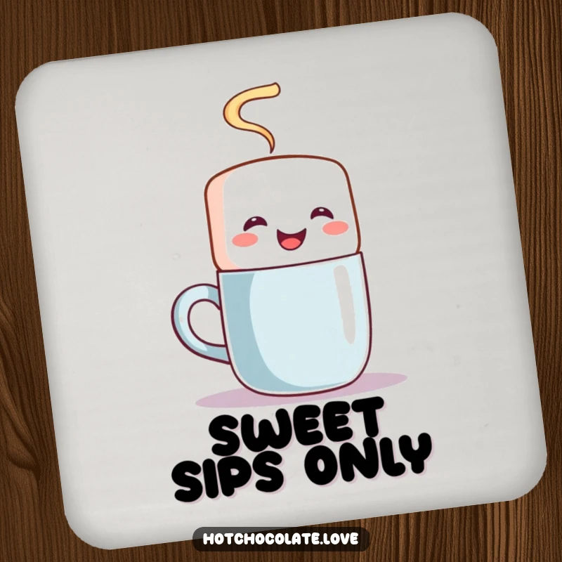 Funny drink coaster featuring a joyful marshmallow character stirring a steaming mug, offering charming surface protection.