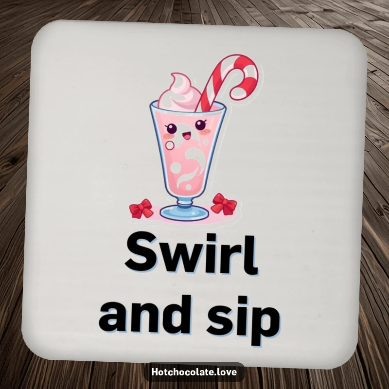 Funny drink coaster with a lively candy cane character doing a festive swirl, protecting furniture with holiday charm.