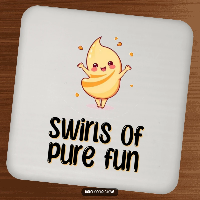 Funny playful caramel swirl coaster, depicted mid-dance, adding sweet charm and playful fun to protect surfaces.