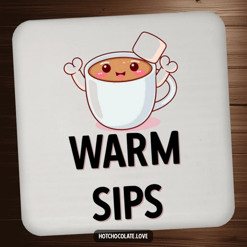 Funny drink coaster featuring a smiling hot chocolate mug with marshmallow arms waving a friendly hello.