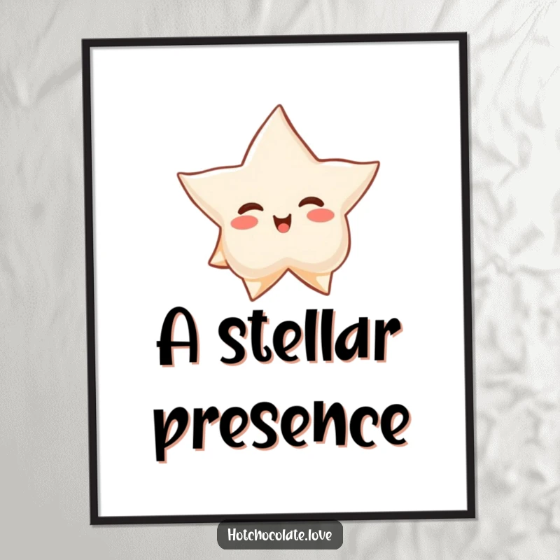 Funny poster depicting a proud star anise floating serenely, bringing a calm and humorous spice element to any wall.