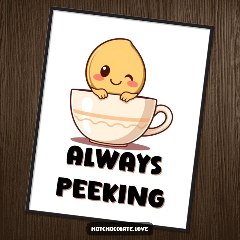 Funny poster print of a smiling coffee bean character peeking over a cup, bringing cheerful coffee vibes to your decor.