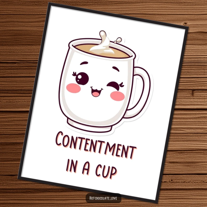 Funny poster: A bubbling mug character winking with a happy expression. Cheerful wall decor.