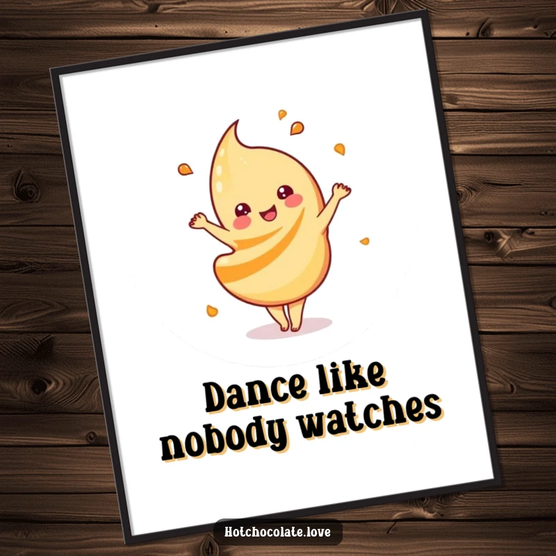 Funny playful caramel swirl poster, doing a happy dance, bringing sweet joy and energetic fun to wall decor.