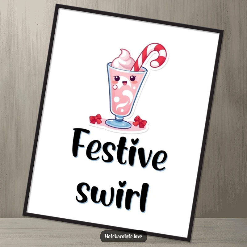 Funny poster print of a delighted candy cane character creating a festive swirl in a drink, adding holiday cheer to any room.