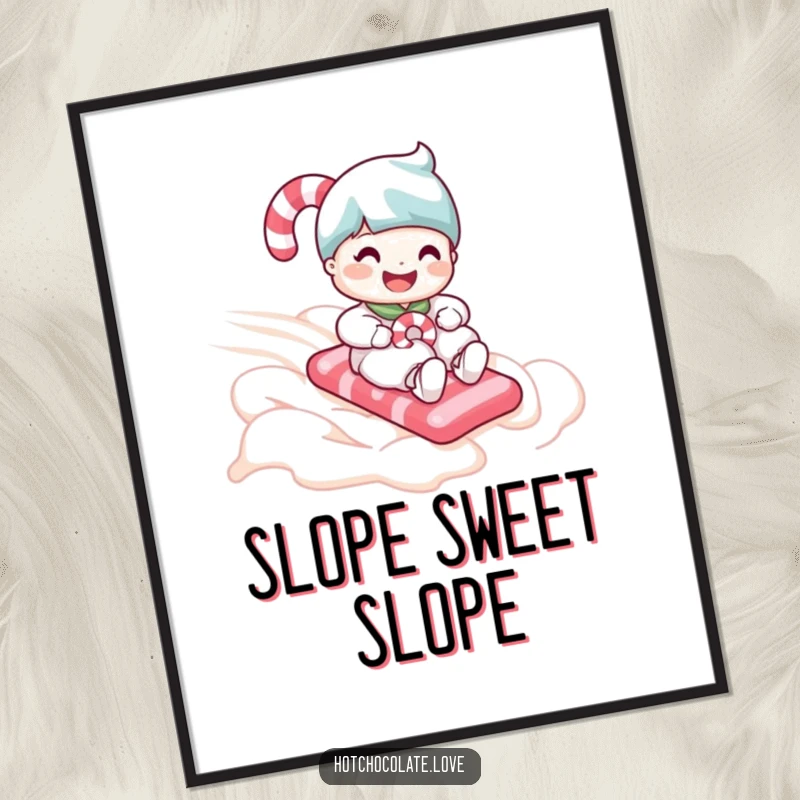 Funny candy cane person captured mid-slide down a fluffy whipped cream slope, creating a joyful holiday poster.