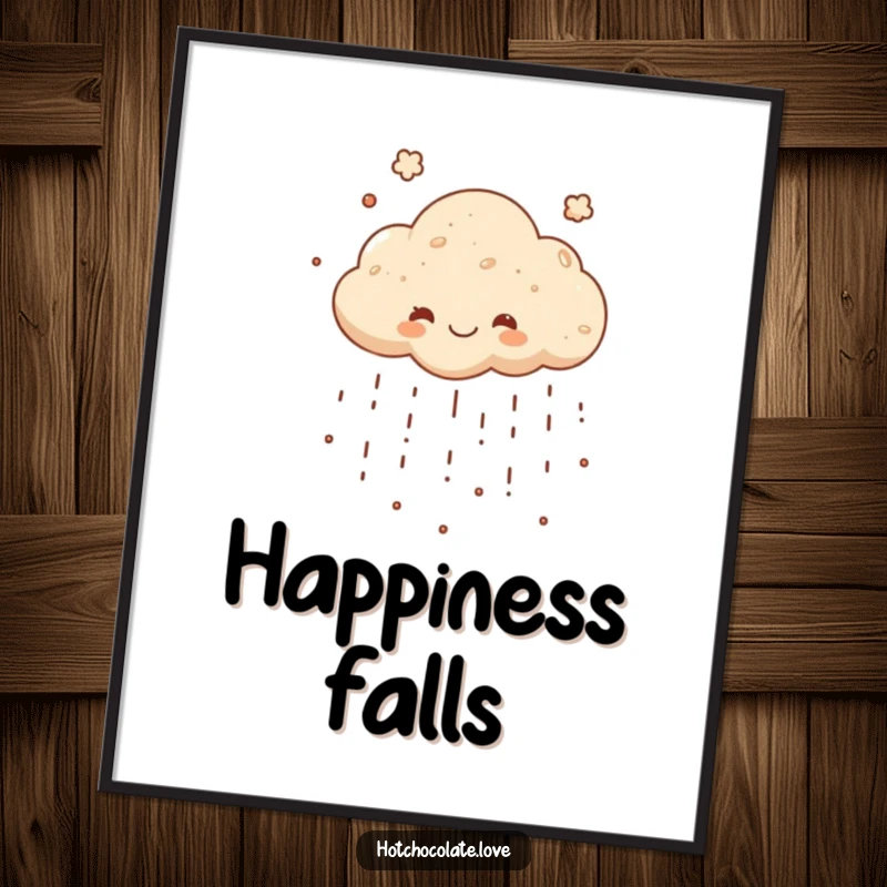 Funny poster depicting a joyful cocoa powder cloud raining down, bringing a sweet and humorous chocolatey vibe to any wall.