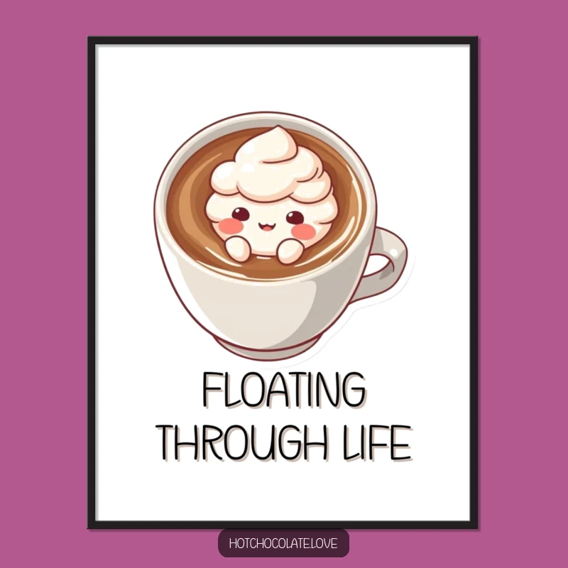 Funny Cocoa Puff Poster: Adorable Floating Character in Hot Drink, Whimsical Wall Art Gift