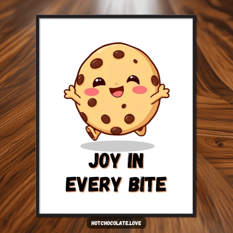 Funny poster depicting a giggling chocolate chip cookie character in a happy hop, bringing playful energy and cheer to any room.