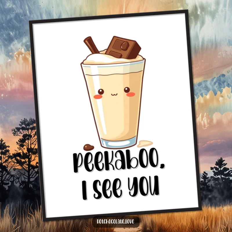 Funny curious chocolate chip poster, peeking from a rich drink, bringing playful intrigue and charming delight to any wall.