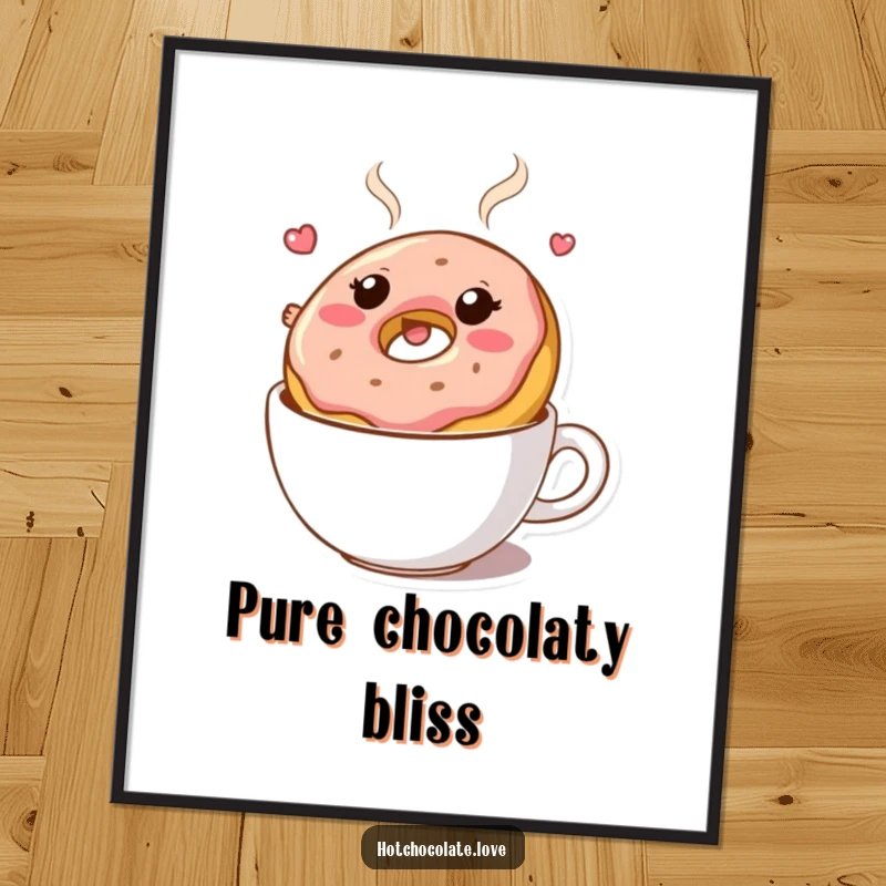 Funny poster: A bouncy donut character happily floating in hot chocolate. Sweet and whimsical wall art.