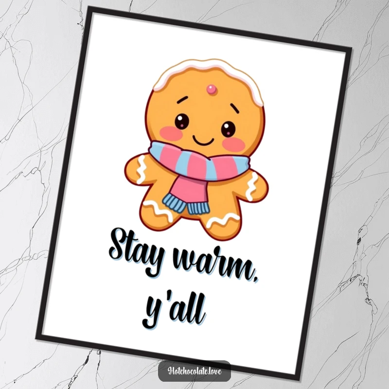 Funny Gingerbread Cookie Poster showing a delighted cookie with a tiny scarf, adding festive humor to any room.