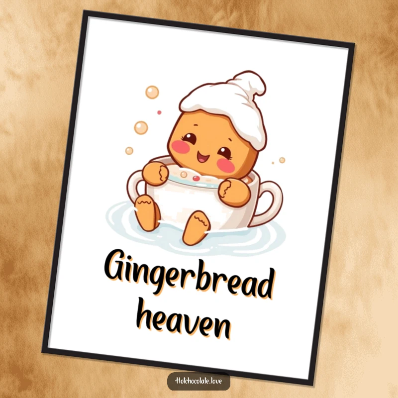 Funny poster art of a happy gingerbread person swimming with delight in a warm mug of hot chocolate, embodying pure cozy joy.