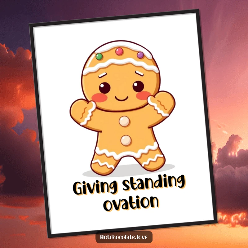 Funny poster art of a delightful gingerbread cookie with frosted hands clapping in celebration.
